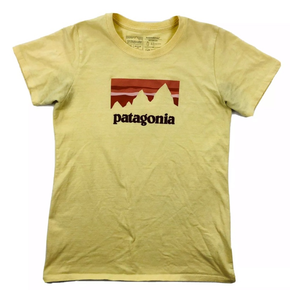 Patagonia Shop Sticker Responsibili-Tee Womens Medium Yellow Spell Out T Shirt